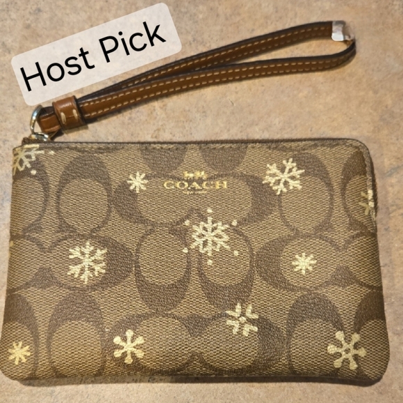 Coach Stylish Brown/Tan Signature Corner Zip Wristlet With Snowflake Accent - Picture 1 of 10